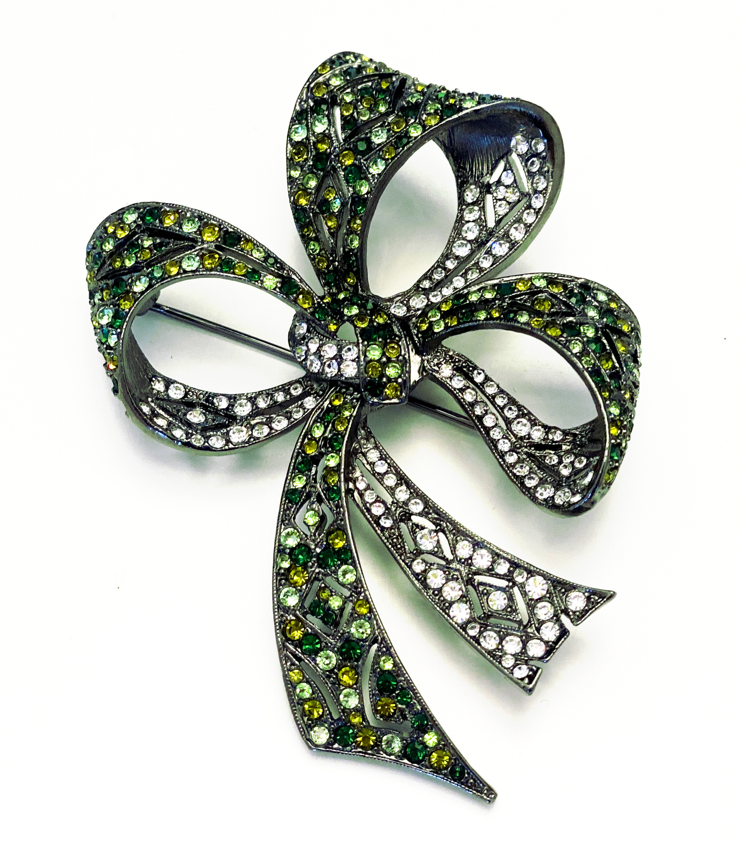 Multi Green and Crystals Large Bow Pin